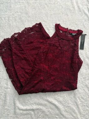 Allegra K Burgundy Lace High-Neck Midi Dress